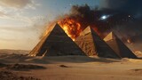 The Pyramids of Giza in Egypt engulfed in fire and smoke. Generative AI