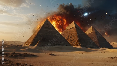 The Pyramids of Giza in Egypt engulfed in fire and smoke. Generative AI