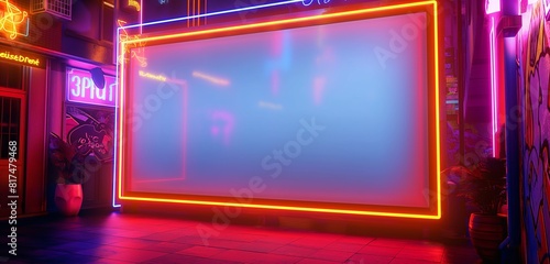 A blank, neon-framed billboard in a vibrant entertainment district, the bright frame waiting to enclose an equally vibrant advertisement. 32k, full ultra HD, high resolution photo