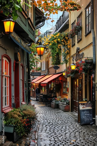 A picturesque pedestrian street, filled with quaint shops and cozy cafés, Generative AI