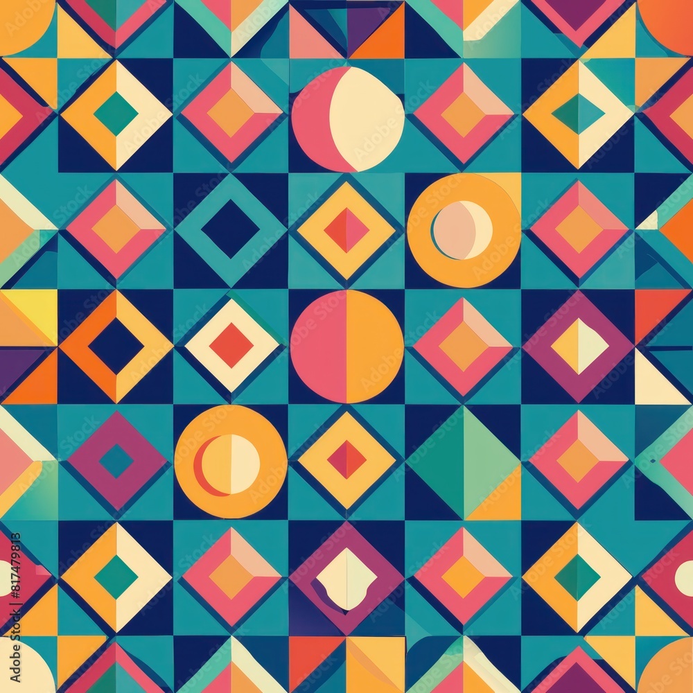 Seamless pattern of blocky geometric shapes like squares, circles, and triangles, arranged in mesmerizing patterns and designs, Generative AI Seamless pattern of blocky geometric shapes like squares, circles, and triangles, arranged in mesmerizing patterns and designs, Generative AI