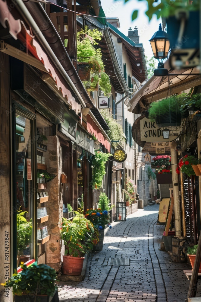 Fototapeta premium A picturesque pedestrian street, filled with quaint shops and cozy cafés, Generative AI