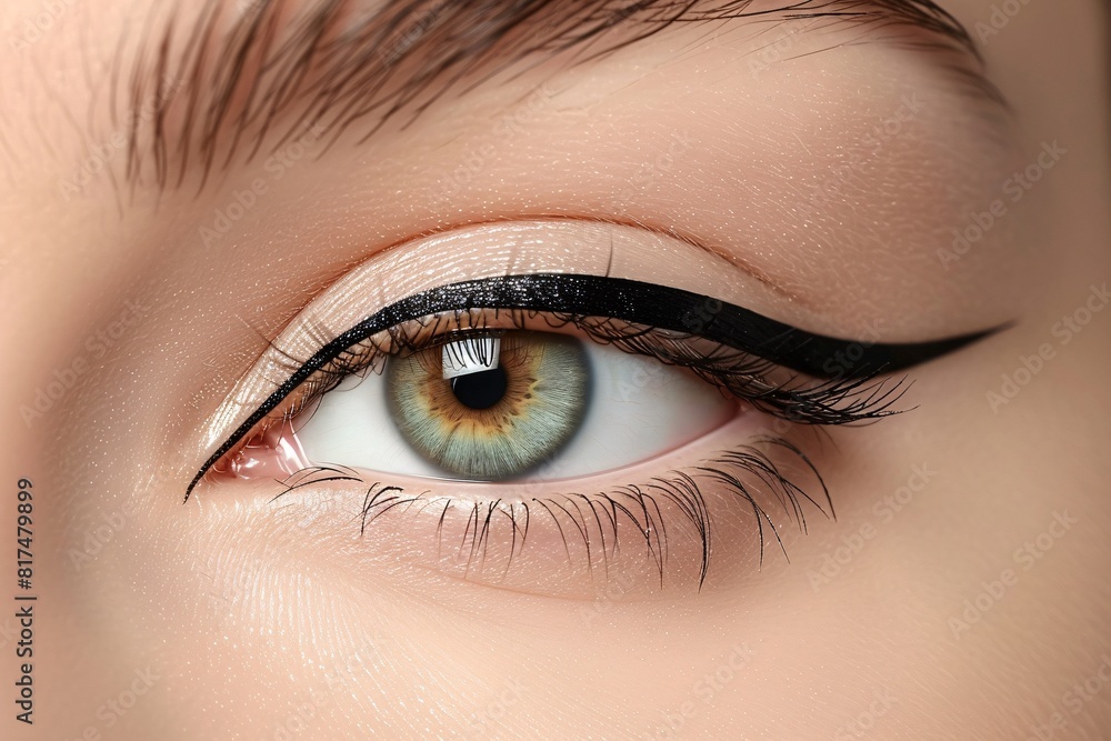 Obraz premium A detailed view of a womans eye with precise black eyeliner, enhancing the shape and intensity of her gaze