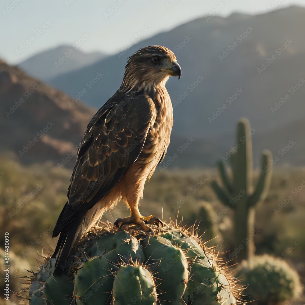 Fototapeta premium a sitting on a cactus in the desert with mountains in the background
