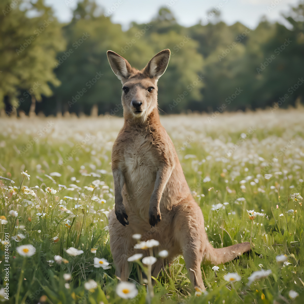 Fototapeta premium a kangaroo standing in a field of flowers with trees in the background