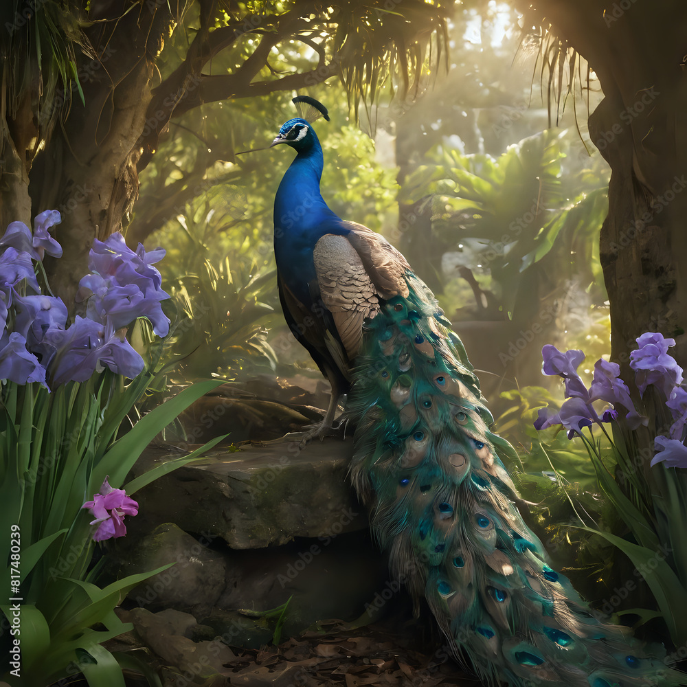 Obraz premium peacock sitting on a rock in a garden with purple flowers