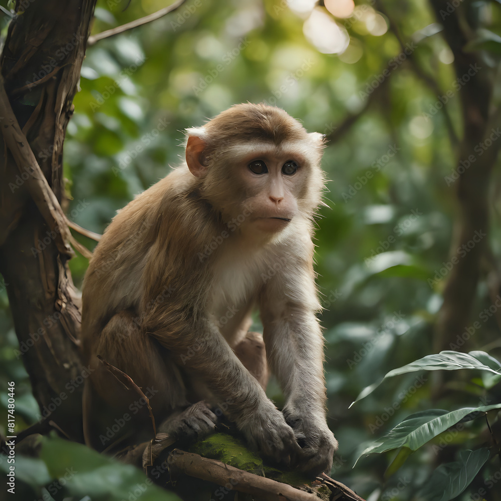 a monkey sitting on a tree branch in the forest a monkey sitting on a tree branch in the forest