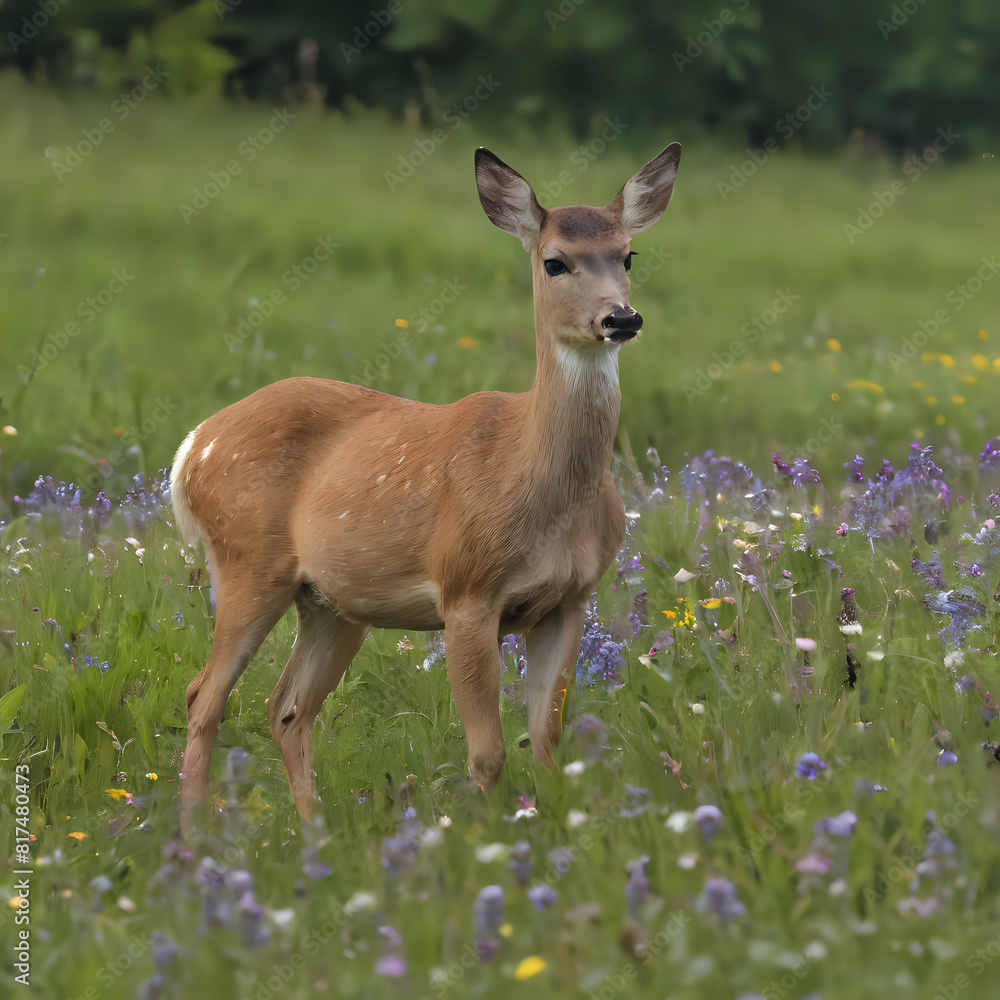 a deer that is standing in the grass with flowers a deer that is standing in the grass with flowers