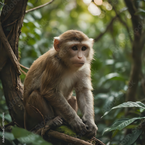 a monkey sitting on a tree branch in the forest © Masum