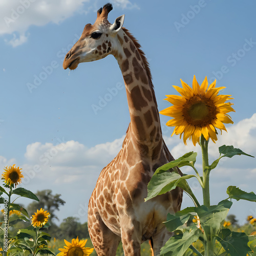 a giraffe standing in a field of sunflowers