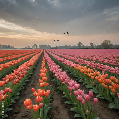 a many different colored tulips in a field with birds flying overhead