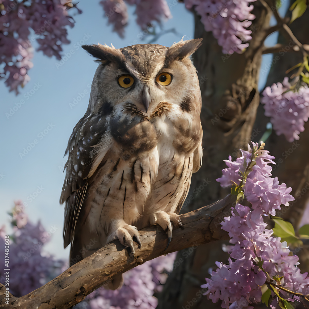 Fototapeta premium a owl sitting on a branch with purple flowers