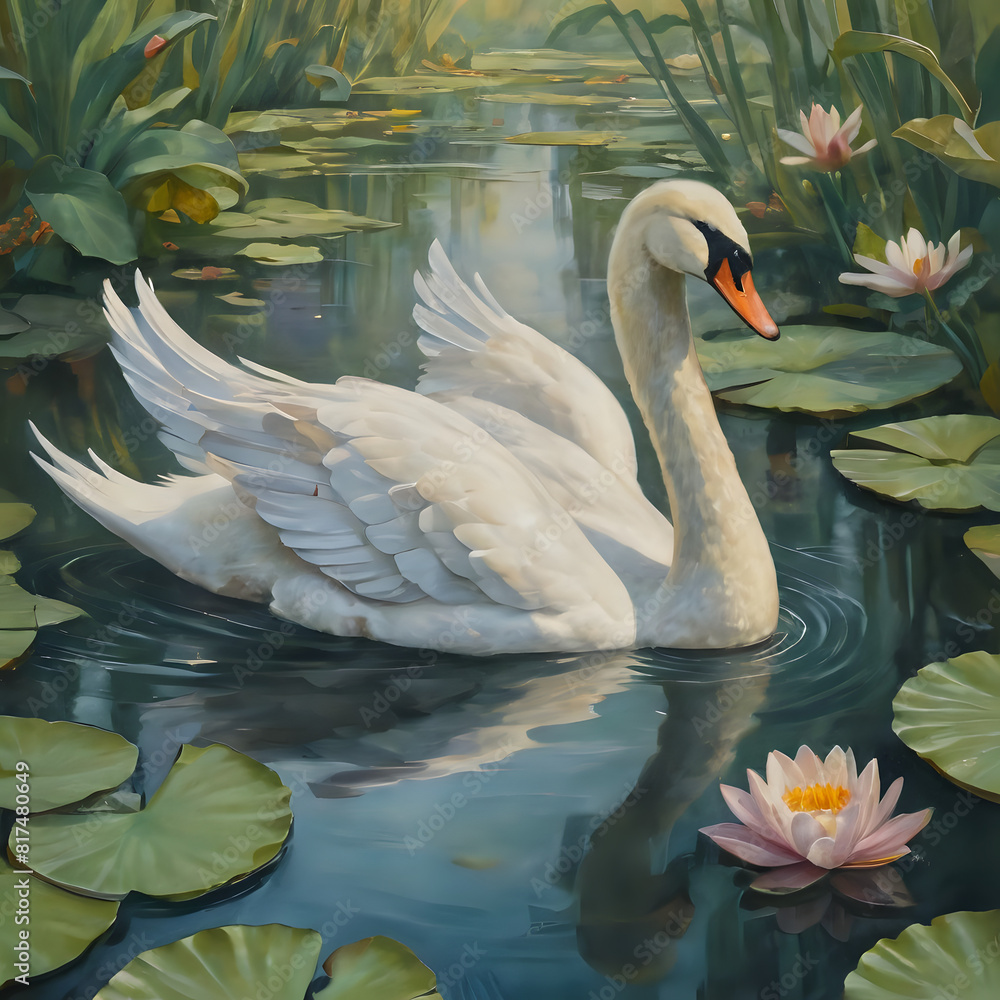 Obraz premium painting of a white swan swimming in a pond with lily pads