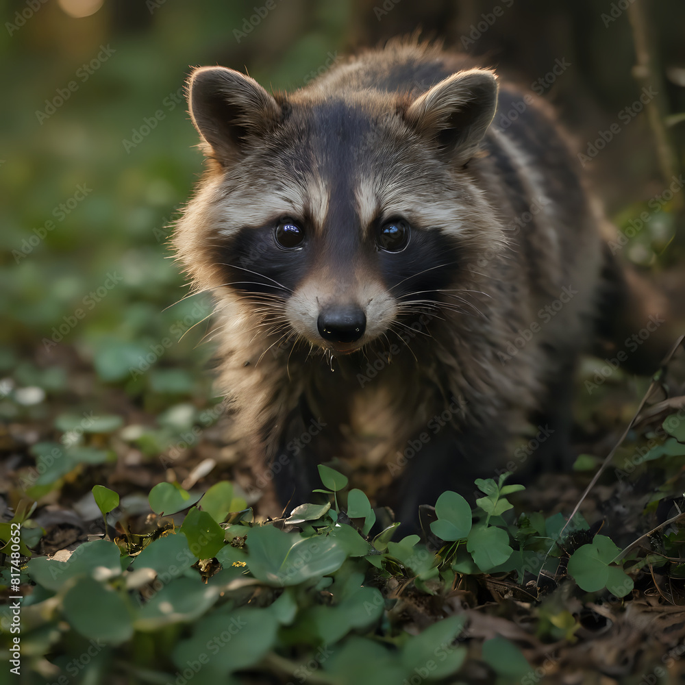Naklejka premium a raccoon that is walking through the grass