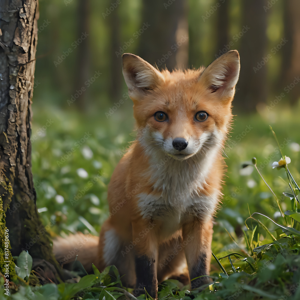 a small fox sitting in the grass next to a tree a small fox sitting in the grass next to a tree