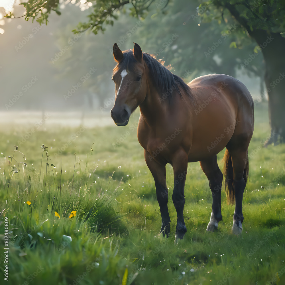 Obraz premium a horse standing in a field of grass with trees