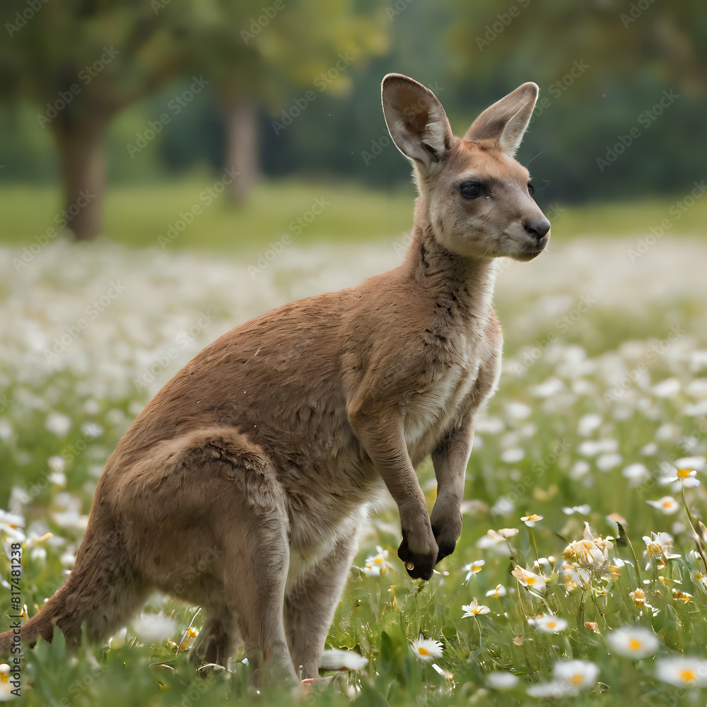 a kangaroo standing in a field of flowers with a tree in the background a kangaroo standing in a field of flowers with a tree in the background