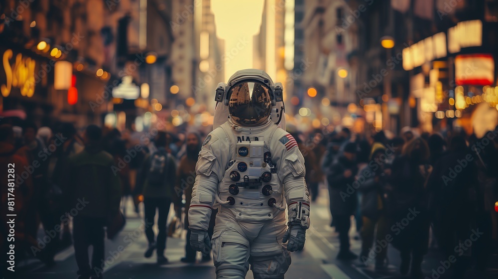 Astronauta andando pelo planeta terra em meio a pessoas comuns, pisando na terra Astronauta andando pelo planeta terra em meio a pessoas comuns, pisando na terra