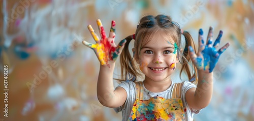 Criança com o rosto e as mãos coloridas photo