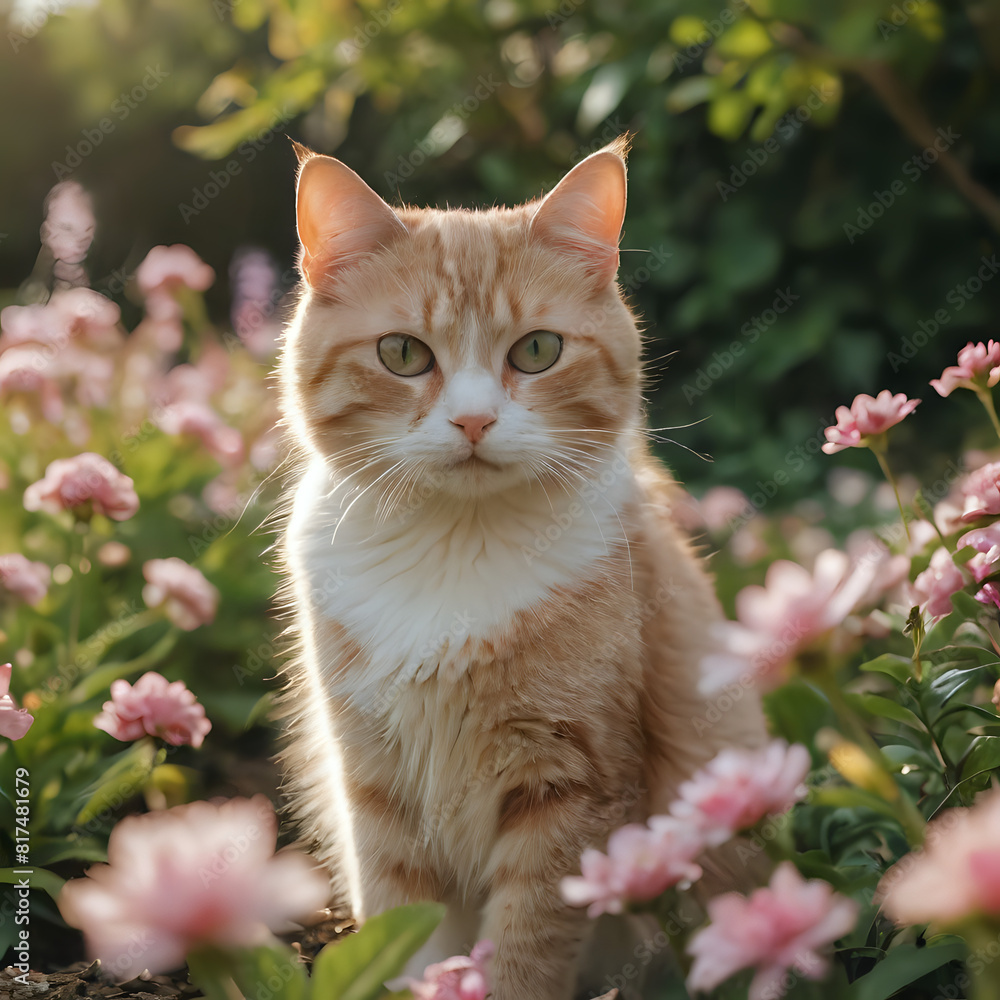 a cat that is sitting in the middle of some flowers a cat that is sitting in the middle of some flowers