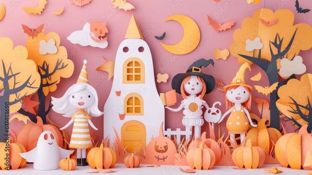 A 3D papercut Halloween scene, featuring kids in festive costumes A 3D papercut Halloween scene, featuring kids in festive costumes