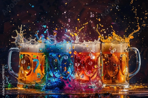 Abstract interpretation of beer mugs toasting, splashes forming musical notes, whimsical and colorful, blending celebration with art