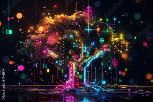 3d isometric illustration of tree made from glowing neon cyberpunk icons and computer circuits  black background  colorful