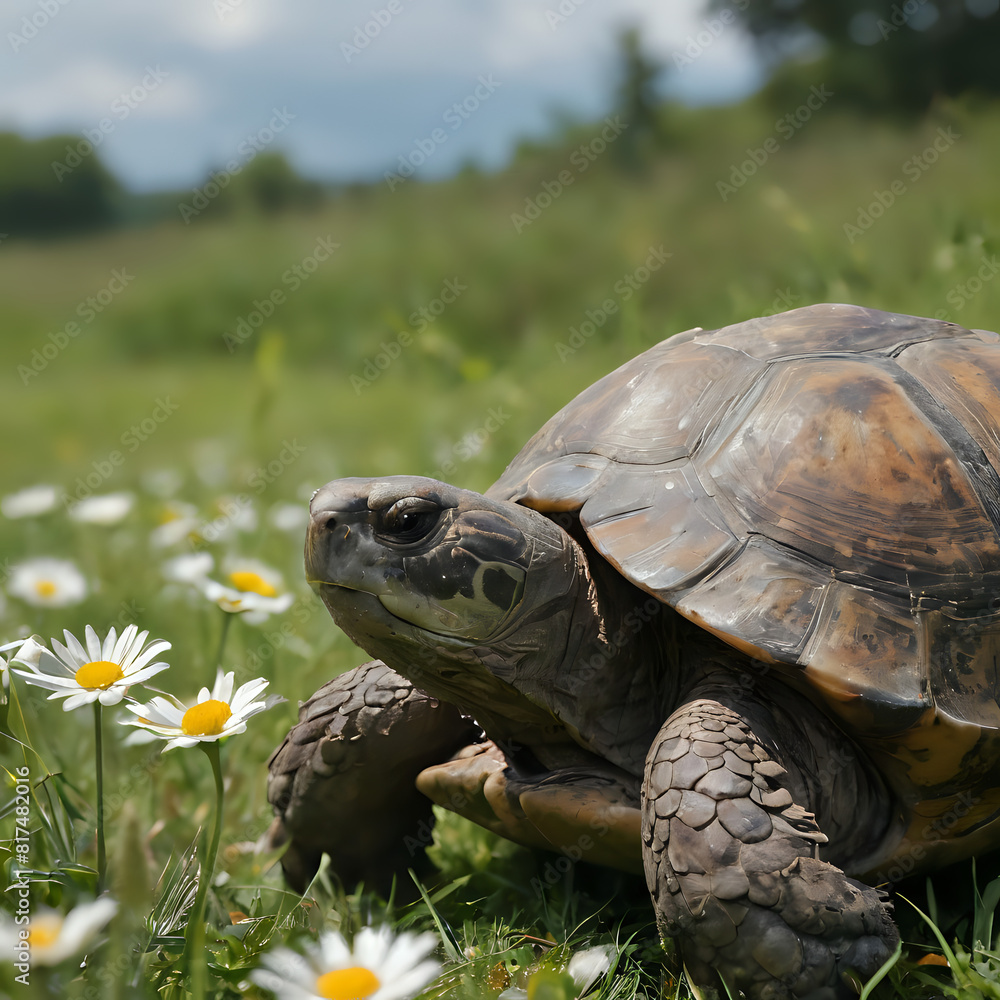 Obraz premium a turtle that is walking in the grass with flowers