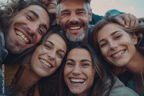 Group of happy friends looking at camera and smiling. Group of young people having fun together.