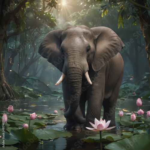 a elephant that is standing in the water with flowers