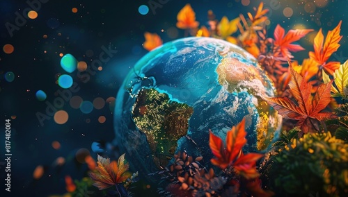 3D render of a colorful earth globe with autumn leaves and plants  in a fantasy  cinematic style with volumetric lighting  bokeh  and an orange  blue  