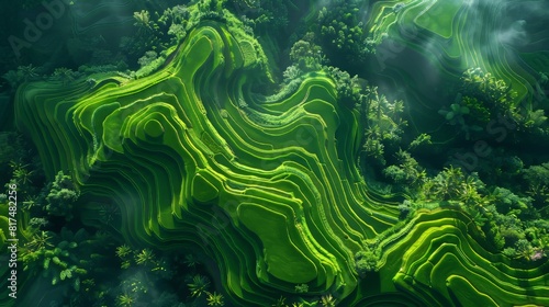 Aerial view of terraced rice paddies with intricate patterns and varying shades of green Generative AI