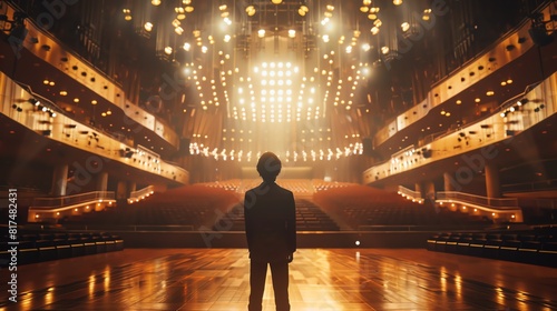 A musician in an empty concert hall, selective focus, anticipation theme, vibrant, Blend mode, a grand concert hall as backdrop