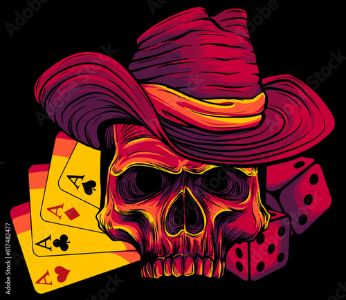 vector illustration of skull with hat and poker ace on black background