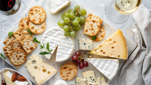 artisanal cheese platter with wine pairings featuring a variety of cheeses, crackers, and grapes on a transparent background