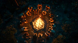 Group of people around a campfire, conversations around the bonfire at nighttime, Generative AI