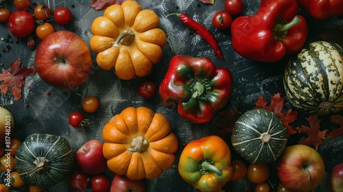 Top view of a composition of Fruits and vegetables typical of the fall season, pumpkin, apple, pepper, black kael AI generated