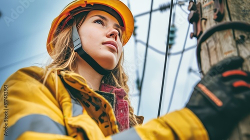 A pioneering female electrician soars above, maintaining power lines.