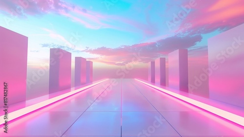 3d render of an empty pink and blue sky background with a long platform in the foreground  straight lines  minimalist  neon lights  white floor