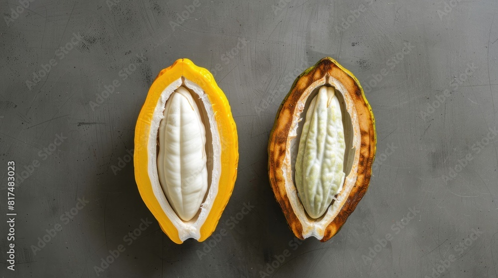 Top view of half sliced ripe yellow cacao pod with white cocoa seed AI generated Top view of half sliced ripe yellow cacao pod with white cocoa seed AI generated