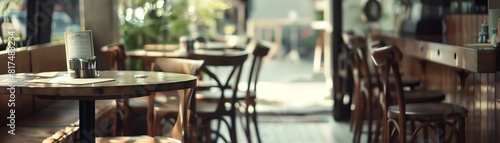 A quiet cafe with no customers, selective focus, emptiness theme, surreal, Composite, a quaint cafe as backdrop