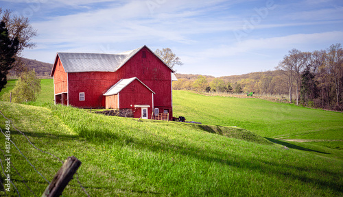 Red barn in farm field in New York State