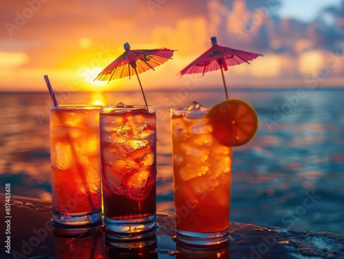 Savoring the Delights of Beachside Cocktails at Sunset - Indulgence and Relaxation - Tropical and Refreshing - Close-up shots of colorful cocktails adorned with umbrellas and fruit garnishes