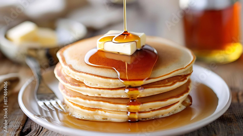 classic american pancakes with butter and syrup served on a white plate, accompanied by a silver fork, on a wooden table © YOGI C