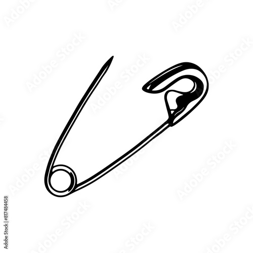 Metal chrome safety pin. Punk rock sticker drawn on white background. Printable flat vector illustration