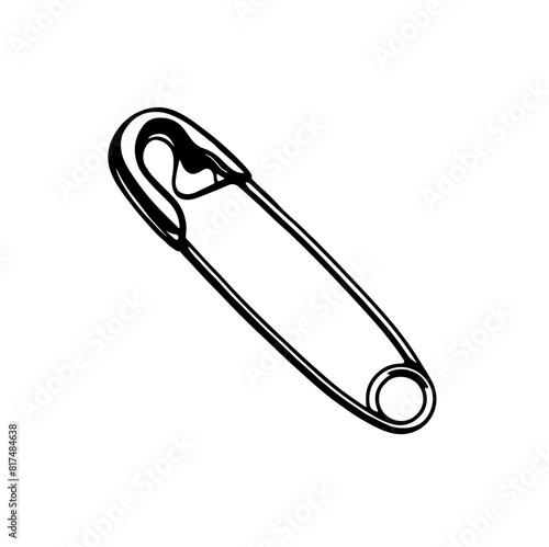 Metal chrome safety pin. Punk rock sticker drawn on white background. Printable flat vector illustration