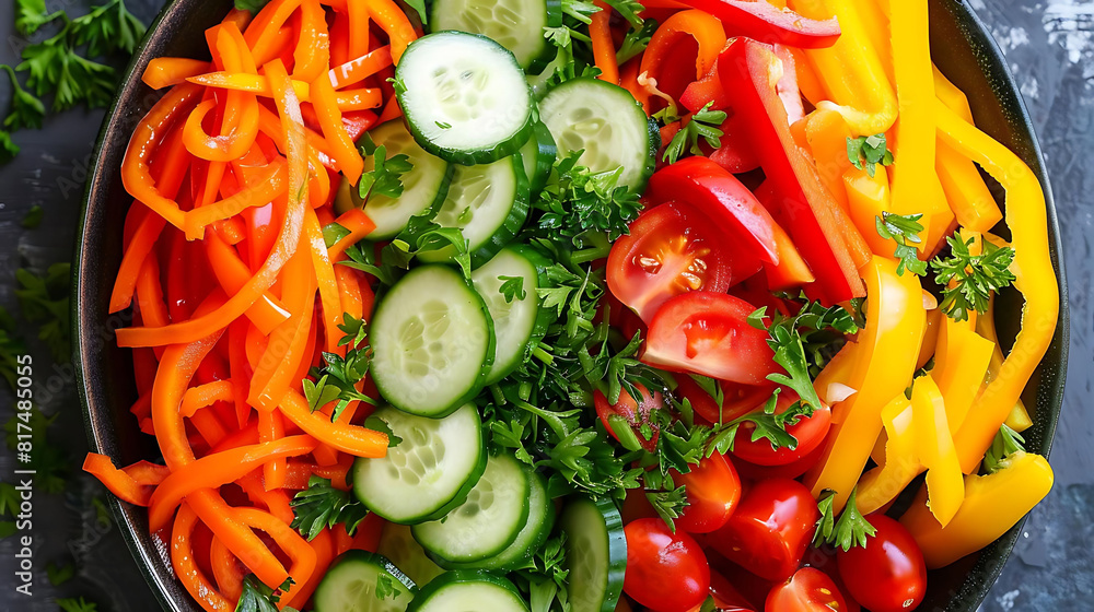 colorful rainbow salad with fresh vegetables including sliced cucumbers, red tomatoes, and green cucumbers arranged in a pan colorful rainbow salad with fresh vegetables including sliced cucumbers, red tomatoes, and green cucumbers arranged in a pan