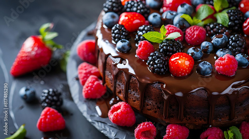 decadent chocolate cake with ganache drizzled with fresh berries, including red strawberries and blackberries, topped with a green leaf