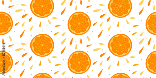 Pattern of half ripe oranges with drops. Juicy citrus fruit seamless pattern on white background