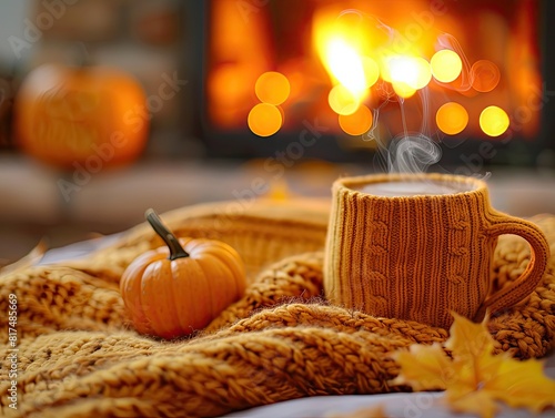 Cozy Autumn Evenings  Knit Sweaters  Pumpkins  Hot Cocoa  and Falling Leaves - Warmth and Comfort - Rustic and Inviting - Close-up shots of cozy knit sweaters  vibrant pumpkins  steaming mugs